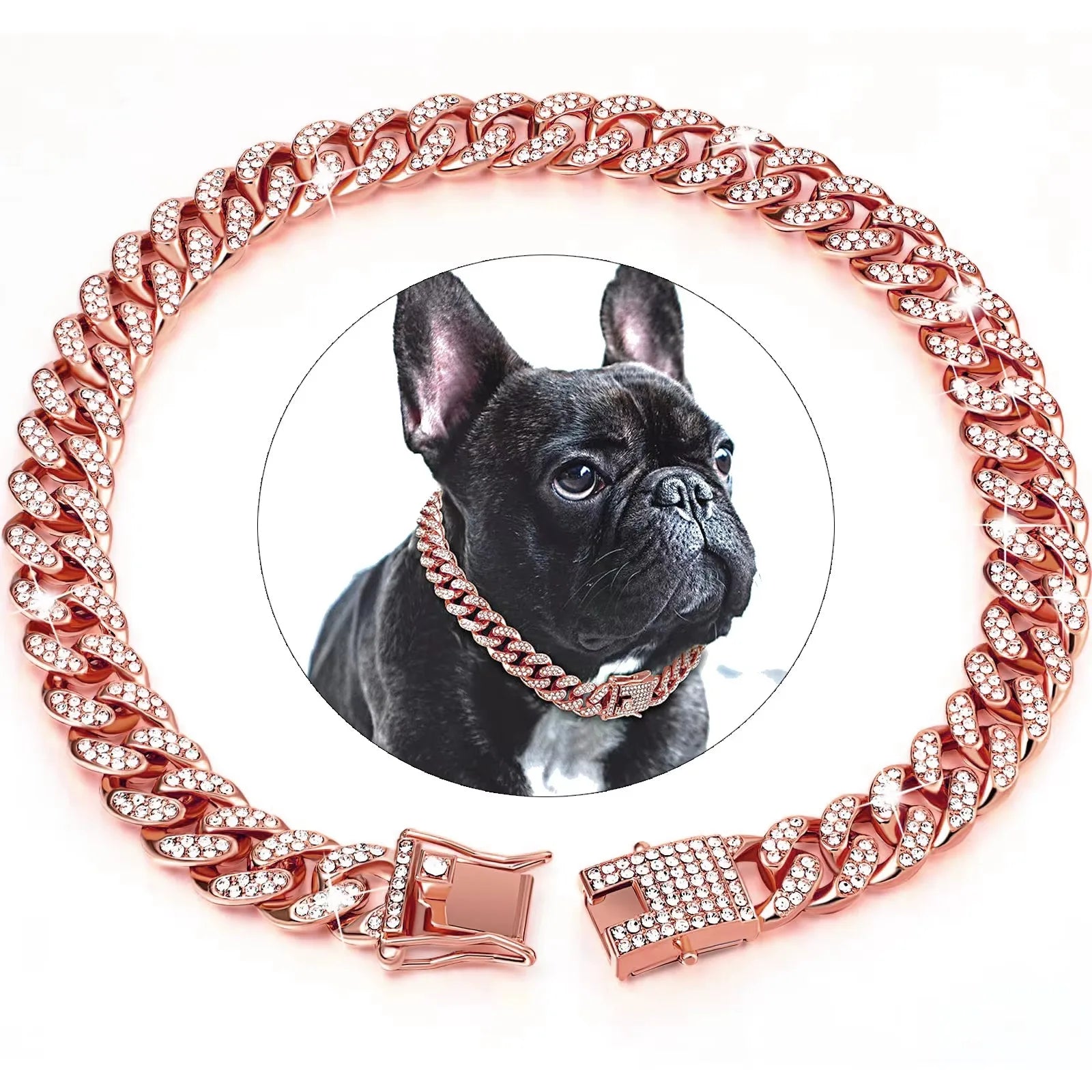 Diamond Cuban metal chain dog collar – stylish jewelry collar with secure buckle for dogs and cats.
