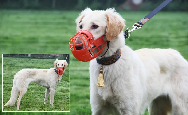Adjustable plastic dog muzzle – anti-biting and anti-barking basket-style mouth cover for dogs in sizes S/M/L.