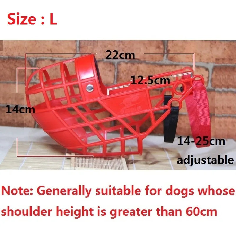 Adjustable plastic dog muzzle – anti-biting and anti-barking basket-style mouth cover for dogs in sizes S/M/L.