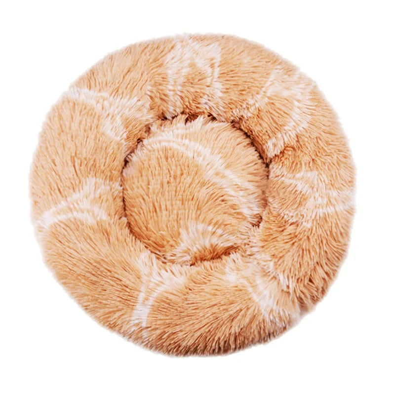 Soft plush round pet bed for cats and dogs – warm and comfortable sleeping bed in multiple sizes.