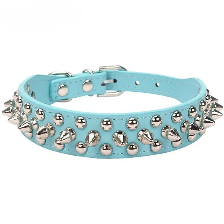 Adjustable PU leather dog collar with spikes and rivets – punk-style collar for small dogs and cats.