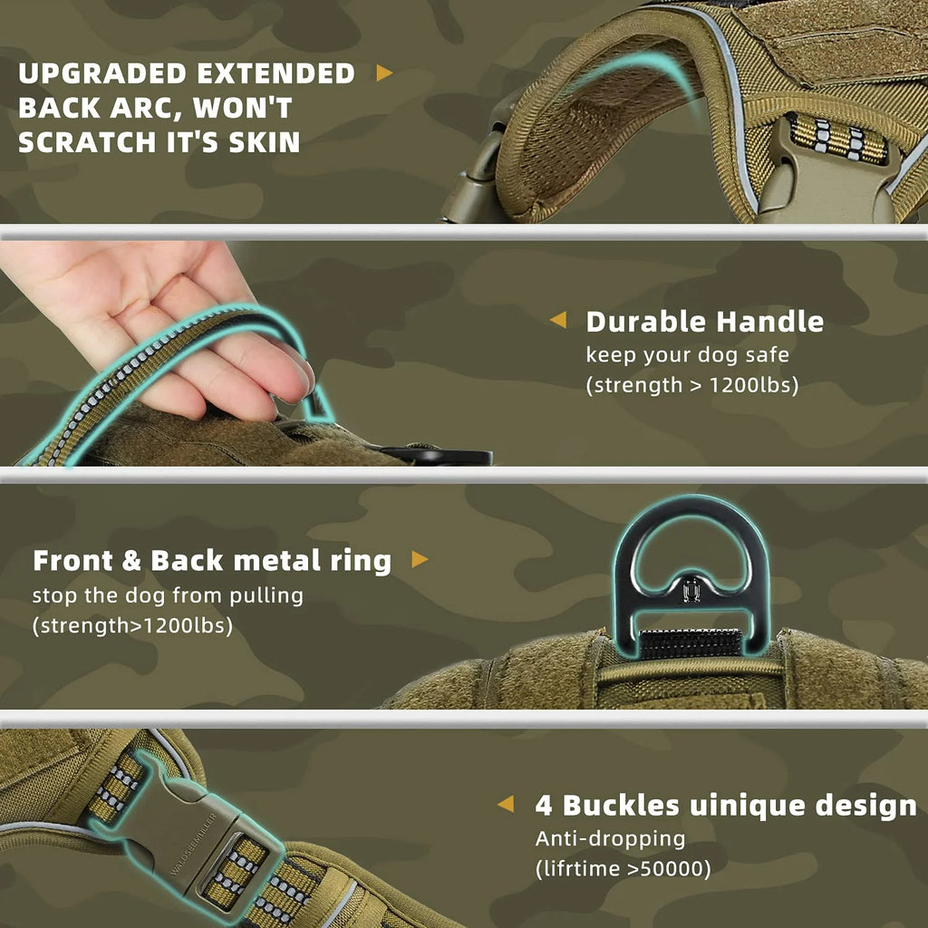 Tactical no-pull MOLLE dog harness – adjustable and reflective.