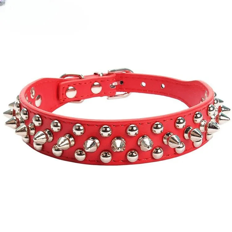 Adjustable PU leather dog collar with spikes and rivets – punk-style collar for small dogs and cats.