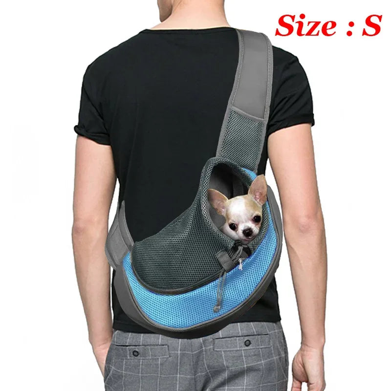 Breathable mesh dog sling carrier for small dogs and cats – lightweight crossbody travel bag for hiking and camping.