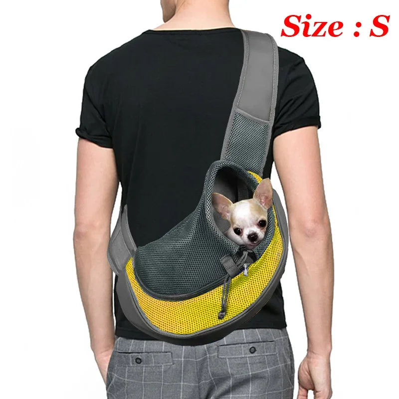 Breathable mesh dog sling carrier for small dogs and cats – lightweight crossbody travel bag for hiking and camping.