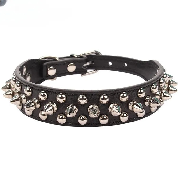 Adjustable PU leather dog collar with spikes and rivets – punk-style collar for small dogs and cats.