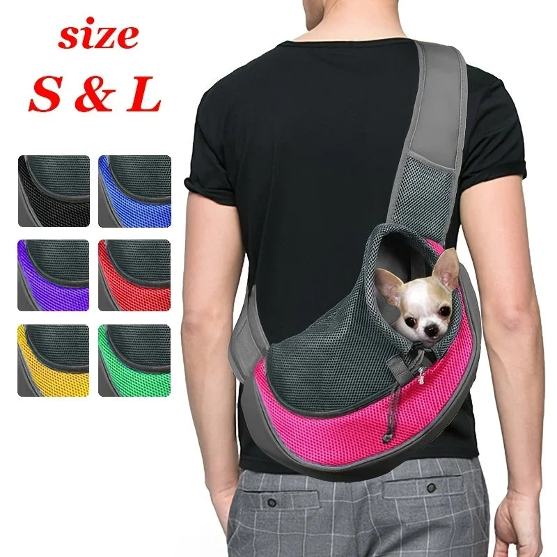 Breathable mesh dog sling carrier for small dogs and cats – lightweight crossbody travel bag for hiking and camping.