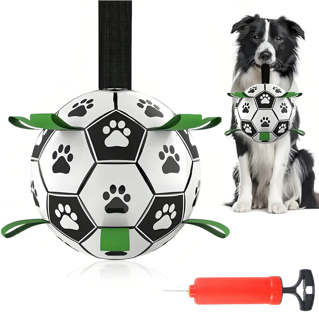 Interactive dog soccer ball toy with grip ring – durable, water-friendly, and battery-free for chasing and play.