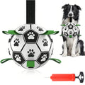 Interactive dog soccer ball toy with grip ring – durable, water-friendly, and battery-free for chasing and play.