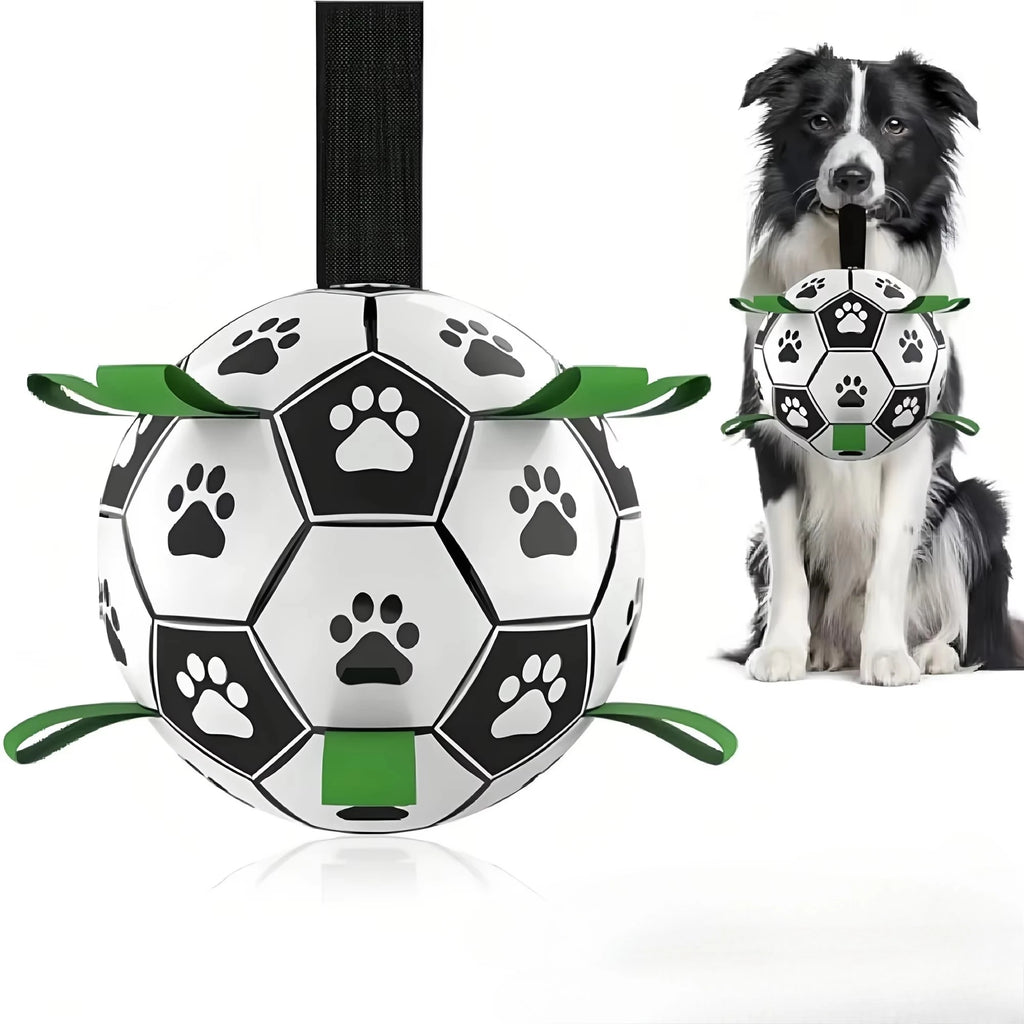 Interactive dog soccer ball toy with grip ring – durable, water-friendly, and battery-free for chasing and play.