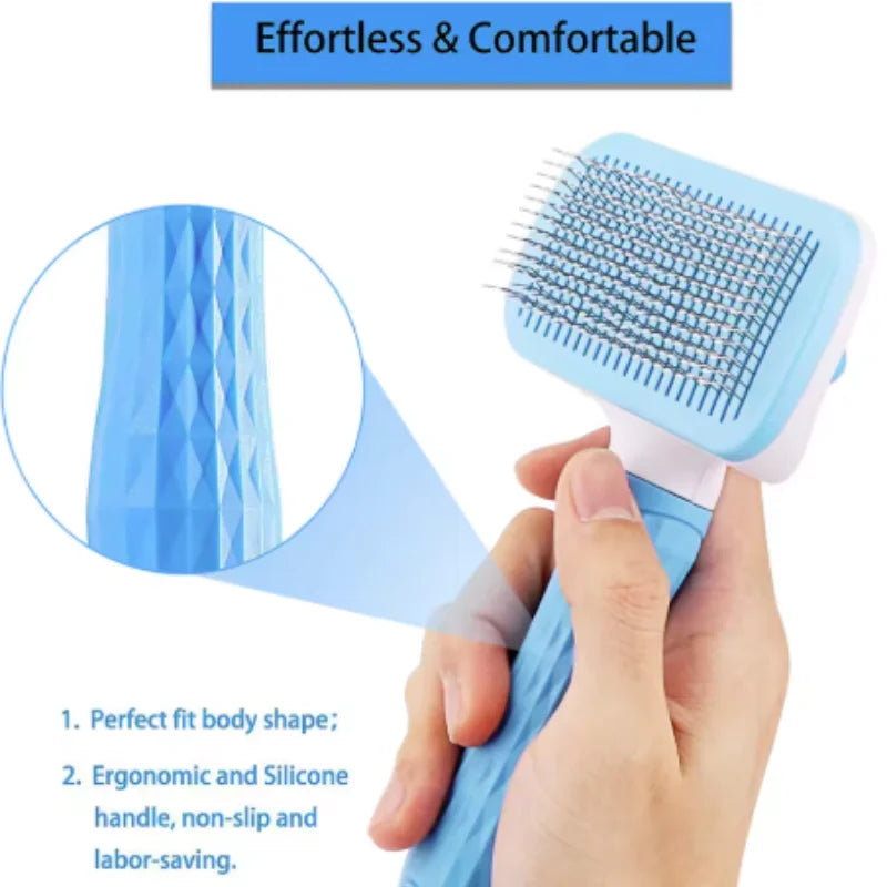 Self-cleaning pet grooming brush for dogs and cats