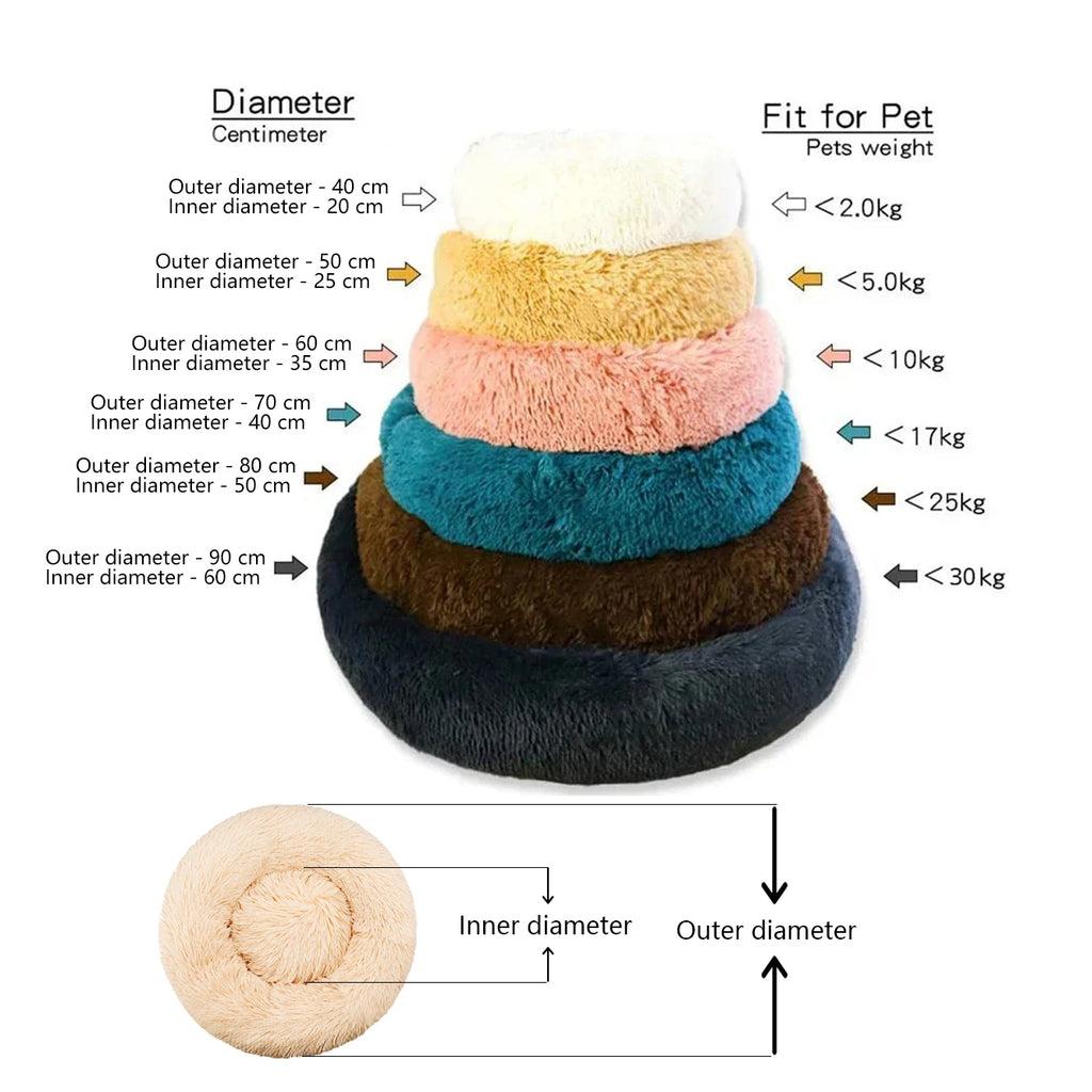 Soft plush round pet bed for cats and dogs – warm and comfortable sleeping bed in multiple sizes.