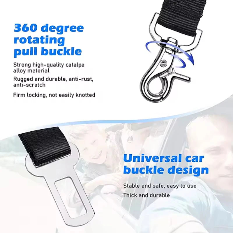 Adjustable reflective dog car safety belt with shock-absorbing strap.