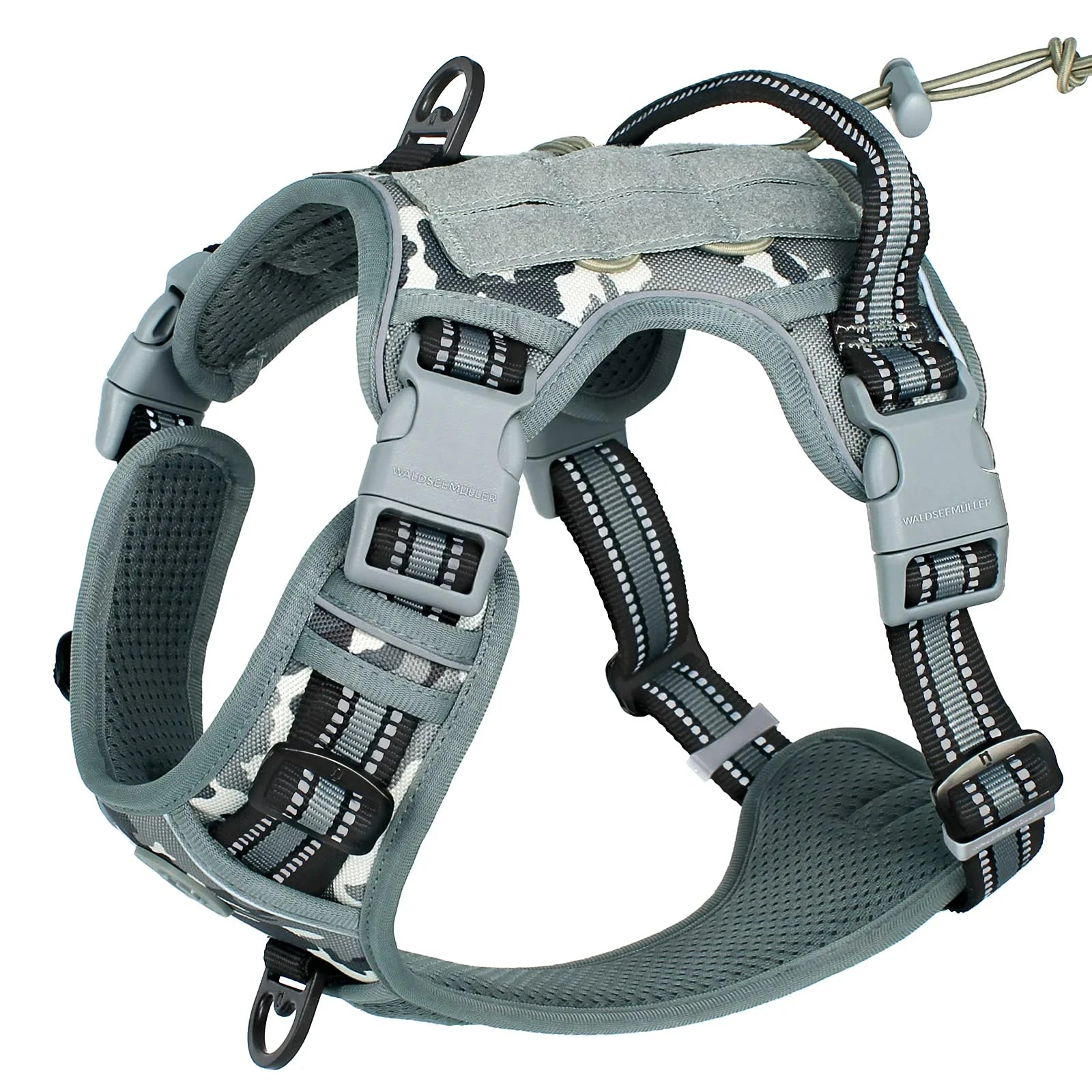 Tactical no-pull MOLLE dog harness – adjustable and reflective.