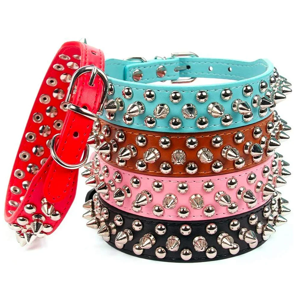 Adjustable PU leather dog collar with spikes and rivets – punk-style collar for small dogs and cats.