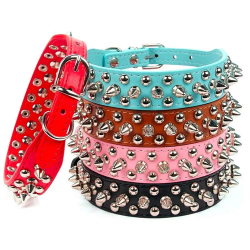 Adjustable PU leather dog collar with spikes and rivets – punk-style collar for small dogs and cats.