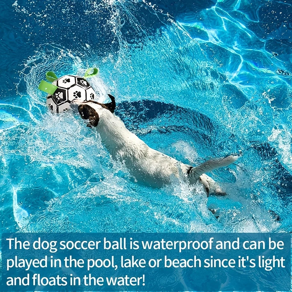 Interactive dog soccer ball toy with grip ring – durable, water-friendly, and battery-free for chasing and play.