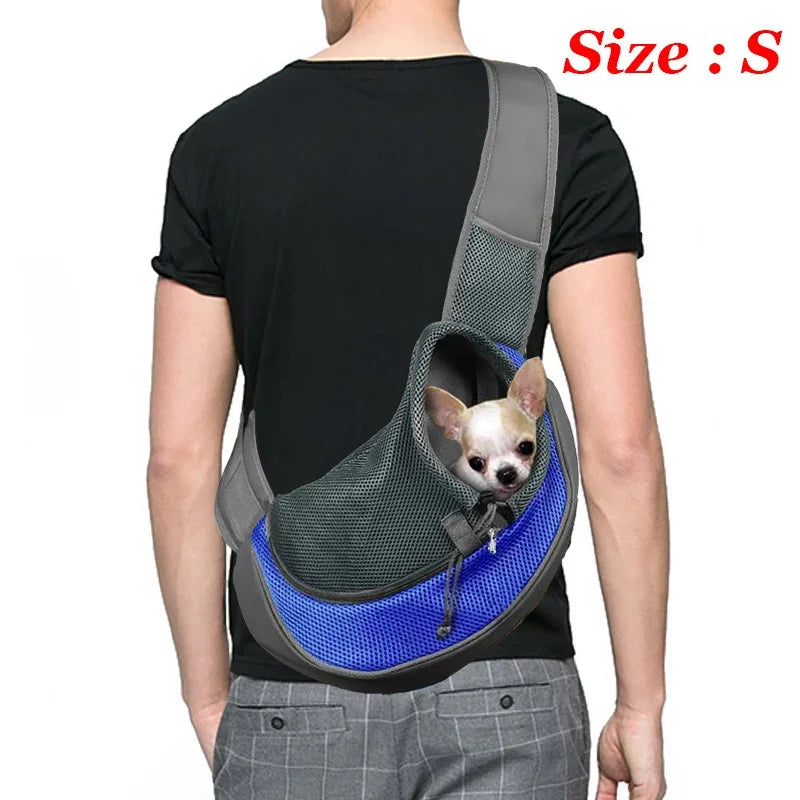 Breathable mesh dog sling carrier for small dogs and cats – lightweight crossbody travel bag for hiking and camping.