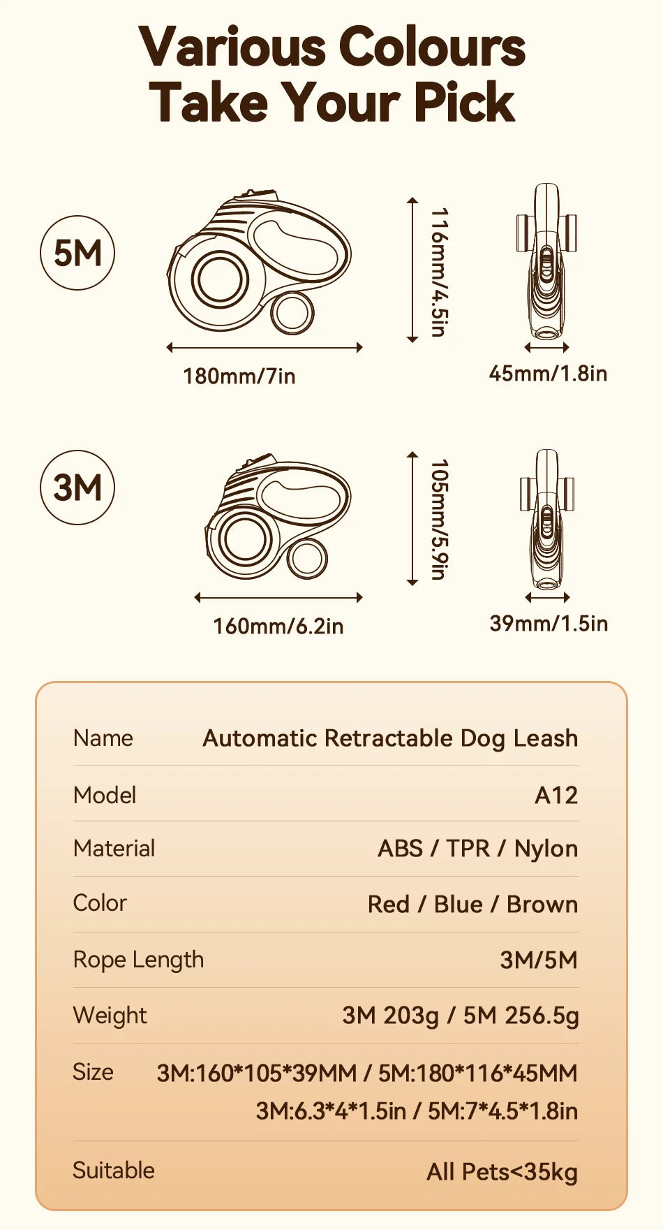 ROJECO retractable dog leash – 3M/5M extendable walking lead for small dogs and cats.