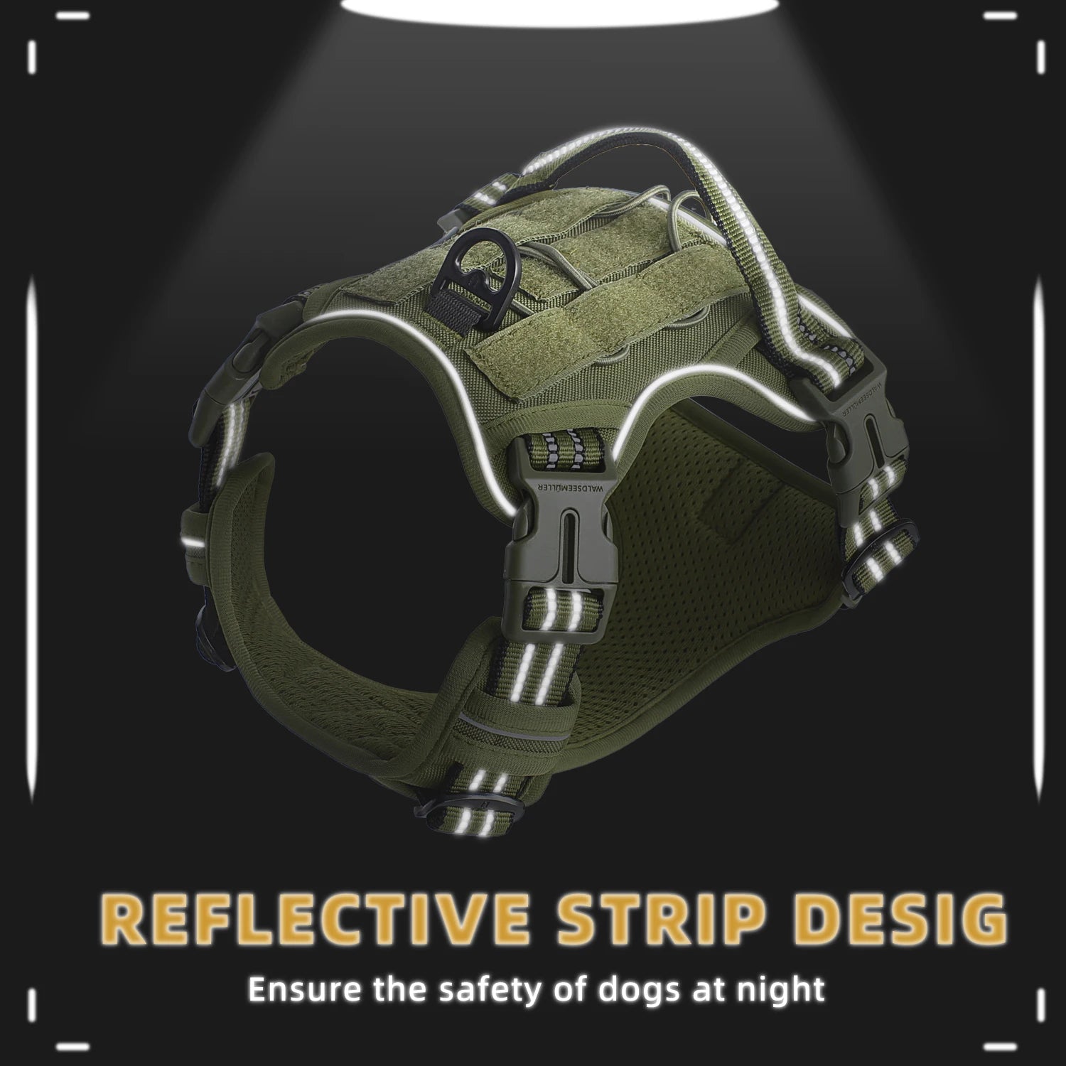 Tactical no-pull MOLLE dog harness – adjustable and reflective.