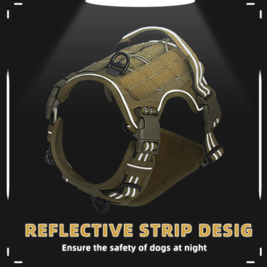 Tactical no-pull MOLLE dog harness – adjustable and reflective.