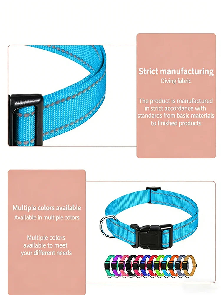 Adjustable reflective nylon pet collar for dogs and cats – anti-slip, anti-choke, durable walking collar.