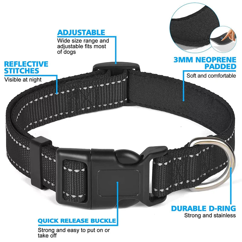 Adjustable reflective nylon pet collar for dogs and cats – anti-slip, anti-choke, durable walking collar.