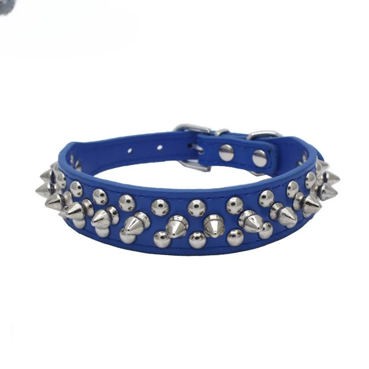 Adjustable PU leather dog collar with spikes and rivets – punk-style collar for small dogs and cats.