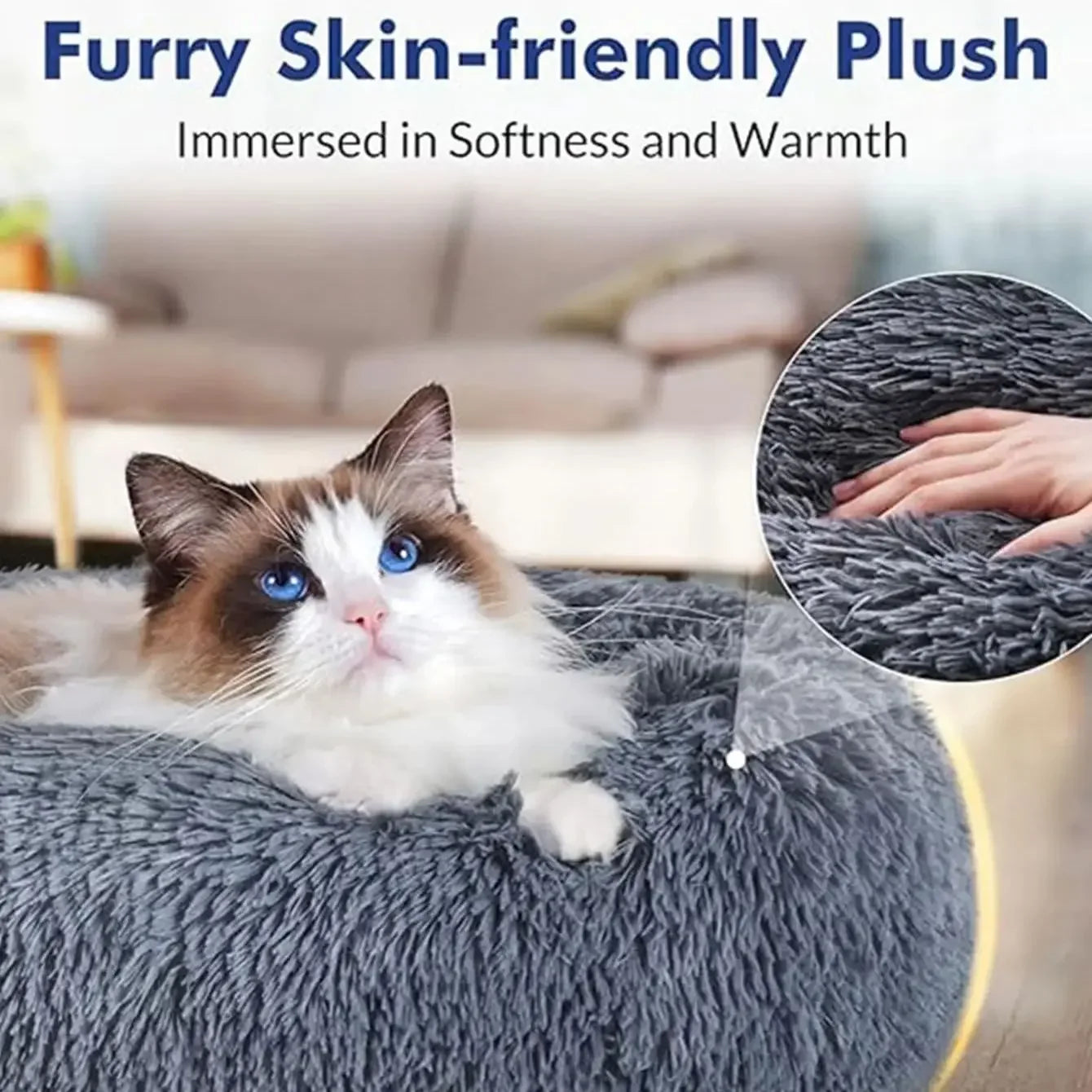 Soft plush round pet bed for cats and dogs – warm and comfortable sleeping bed in multiple sizes.