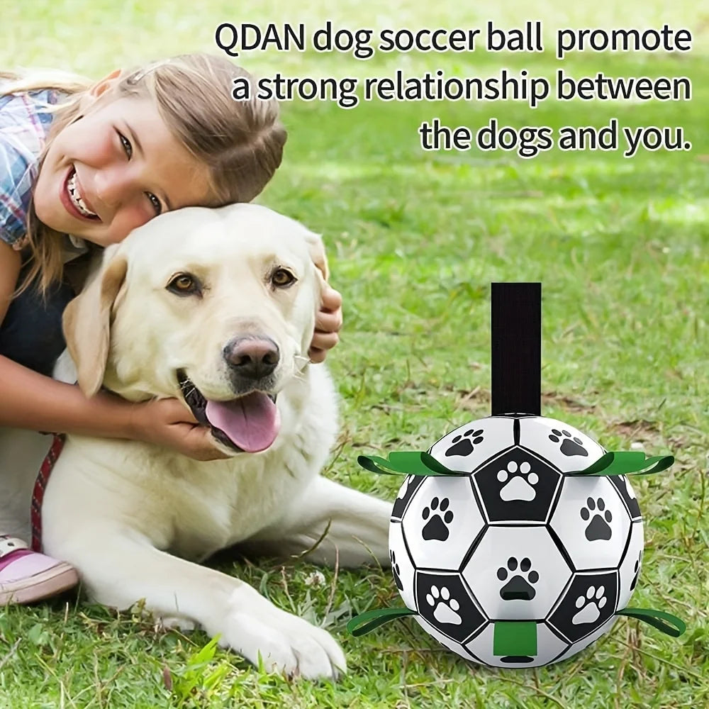 Interactive dog soccer ball toy with grip ring – durable, water-friendly, and battery-free for chasing and play.