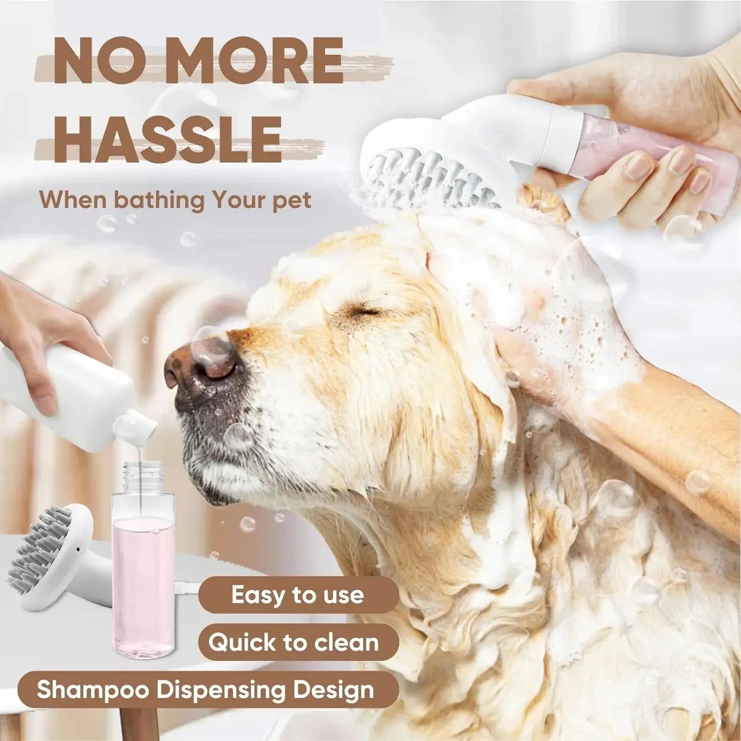 3-in-1 dog bath brush with soft silicone bristles – shampoo, wash, and massage tool for pet grooming.