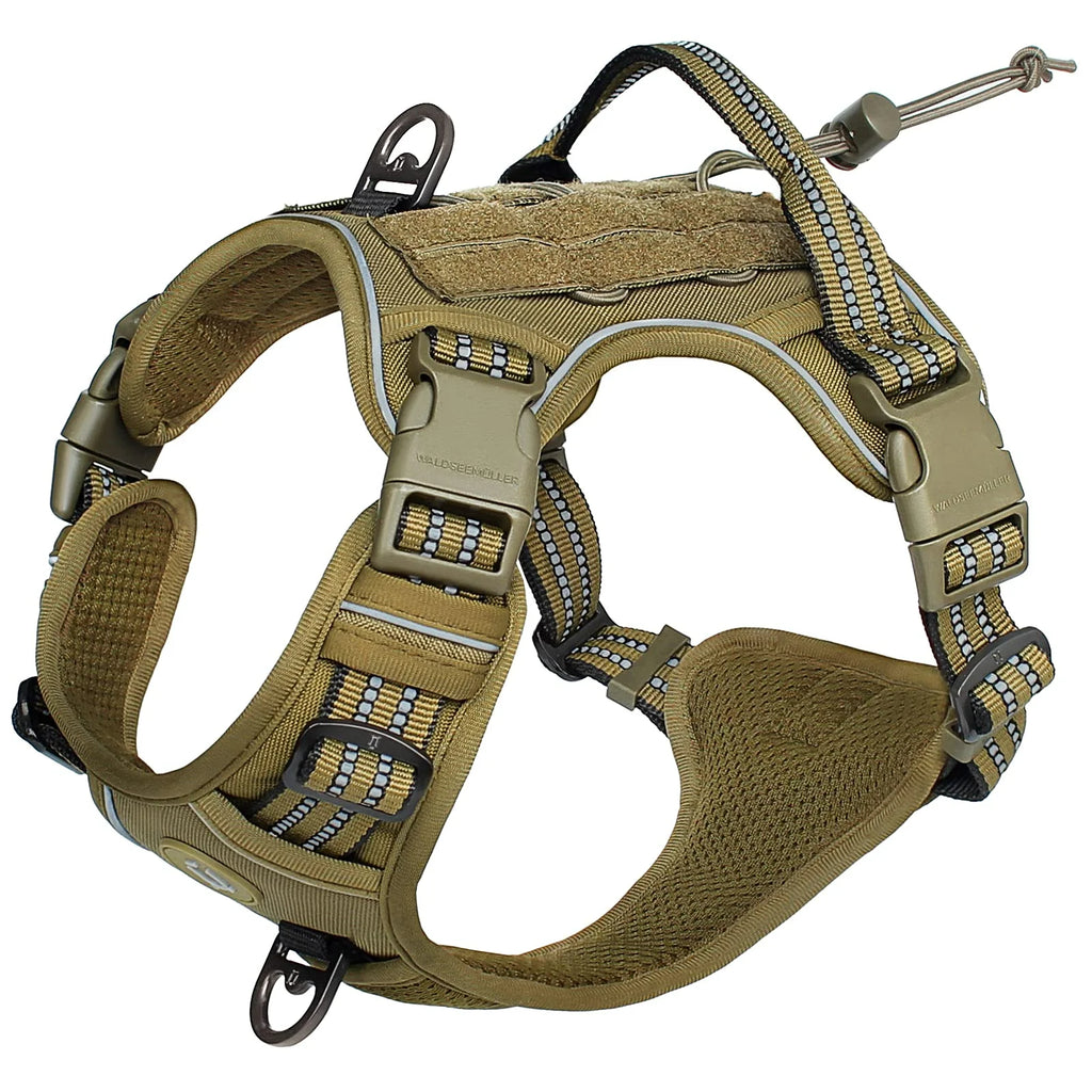 Tactical no-pull MOLLE dog harness – adjustable and reflective.