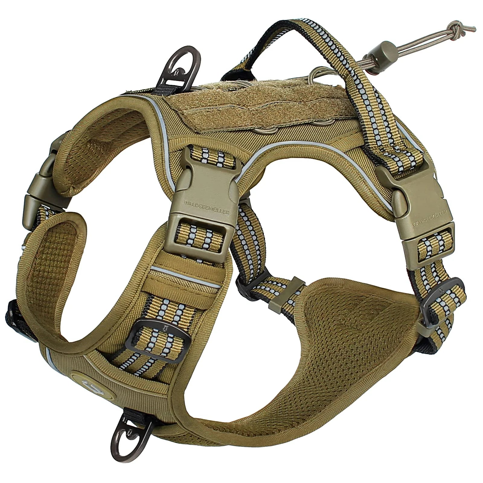 Tactical no-pull MOLLE dog harness – adjustable and reflective.