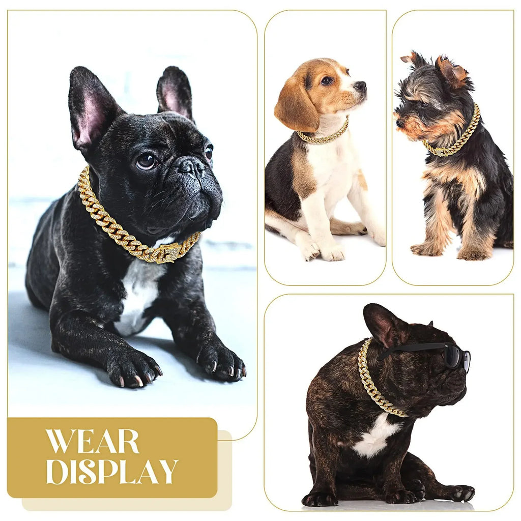 Diamond Cuban metal chain dog collar – stylish jewelry collar with secure buckle for dogs and cats.