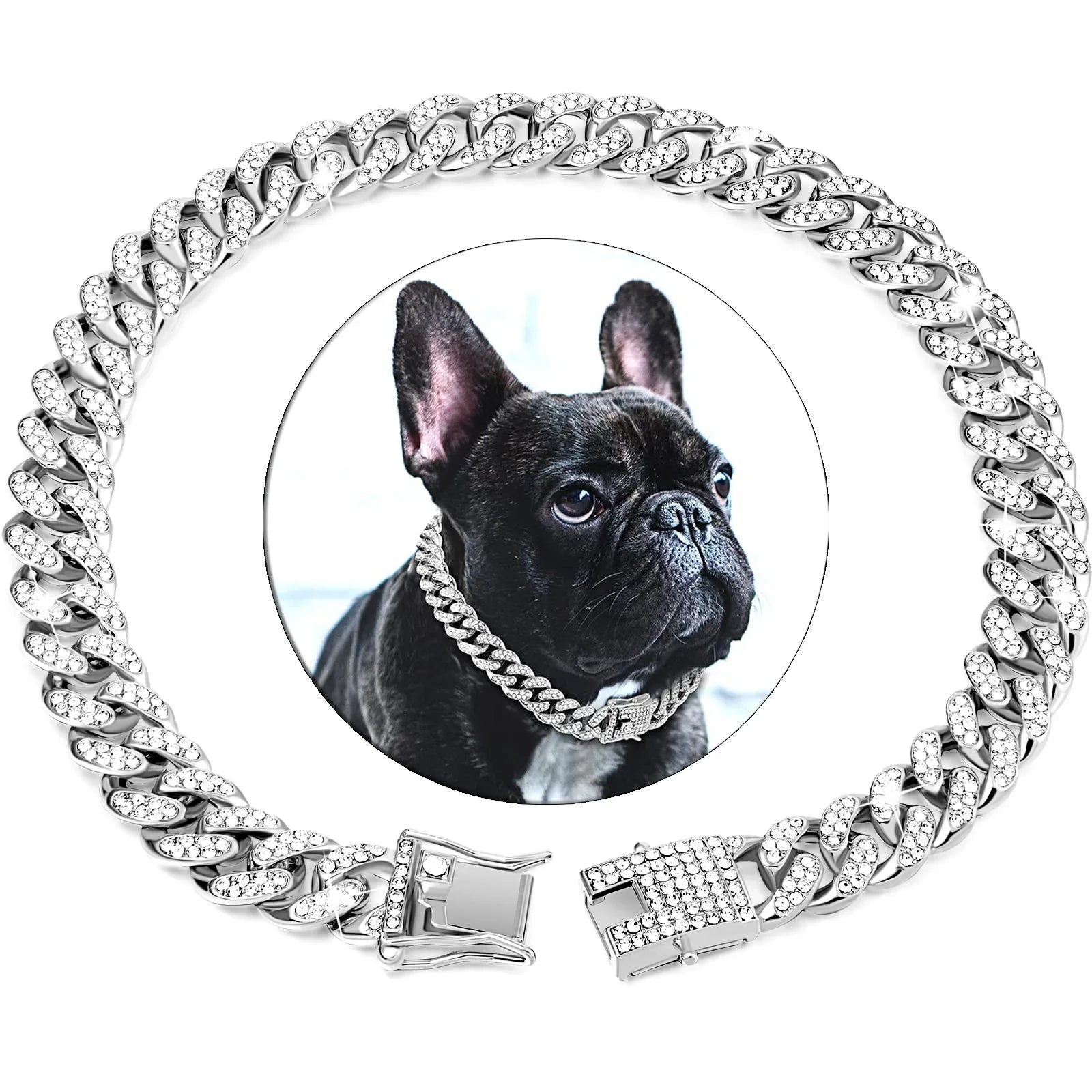 Diamond Cuban metal chain dog collar – stylish jewelry collar with secure buckle for dogs and cats.