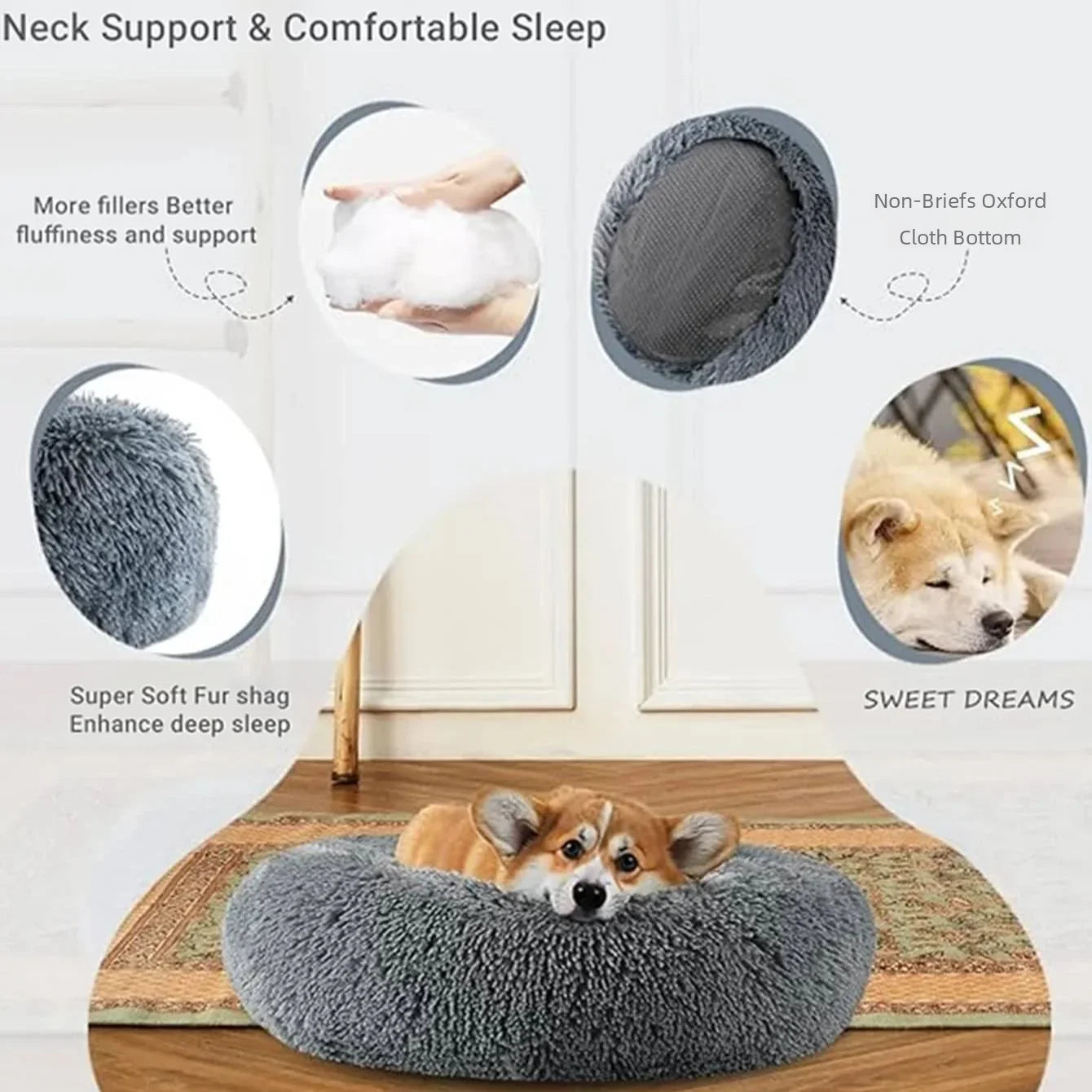 Soft plush round pet bed for cats and dogs – warm and comfortable sleeping bed in multiple sizes.