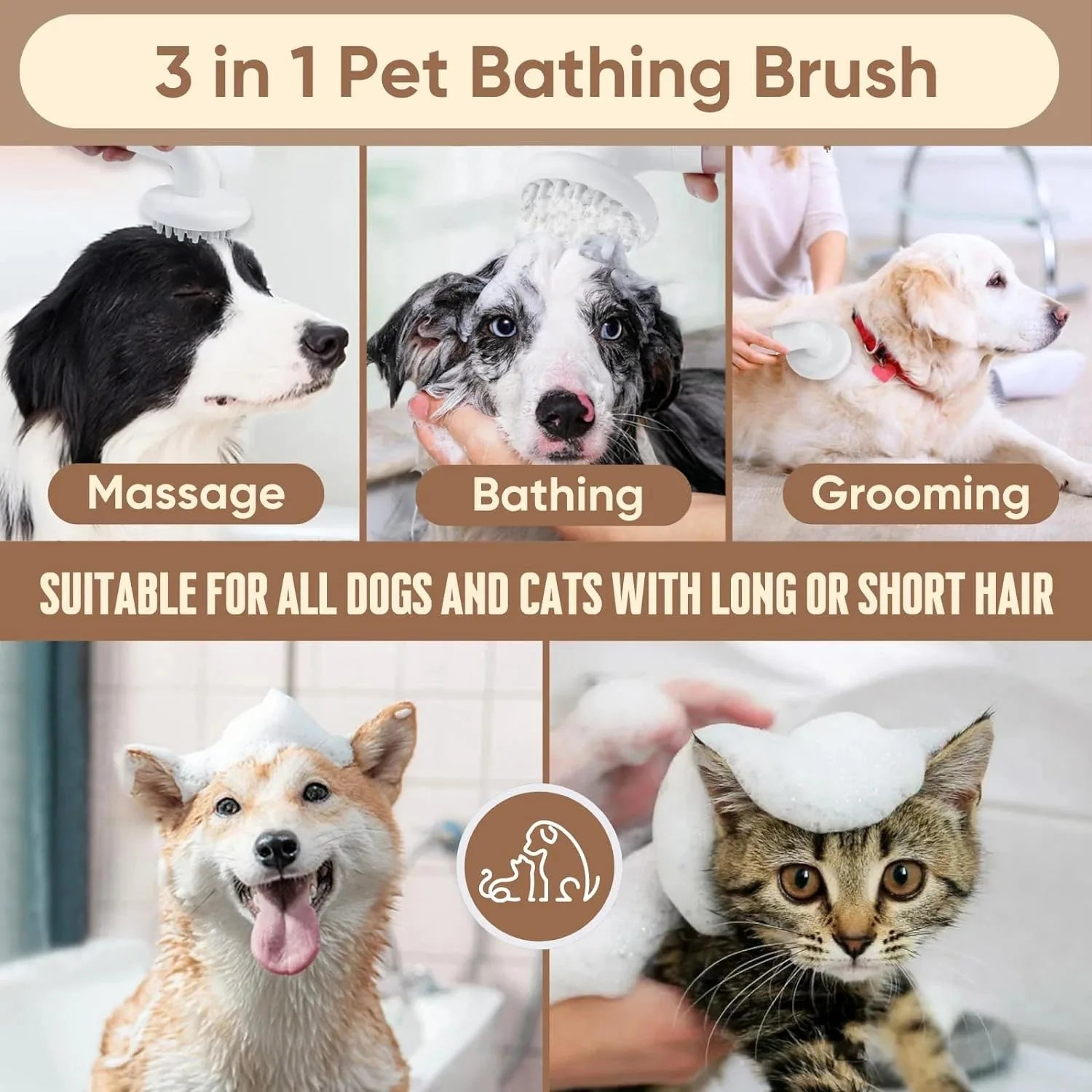 3-in-1 dog bath brush with soft silicone bristles – shampoo, wash, and massage tool for pet grooming.