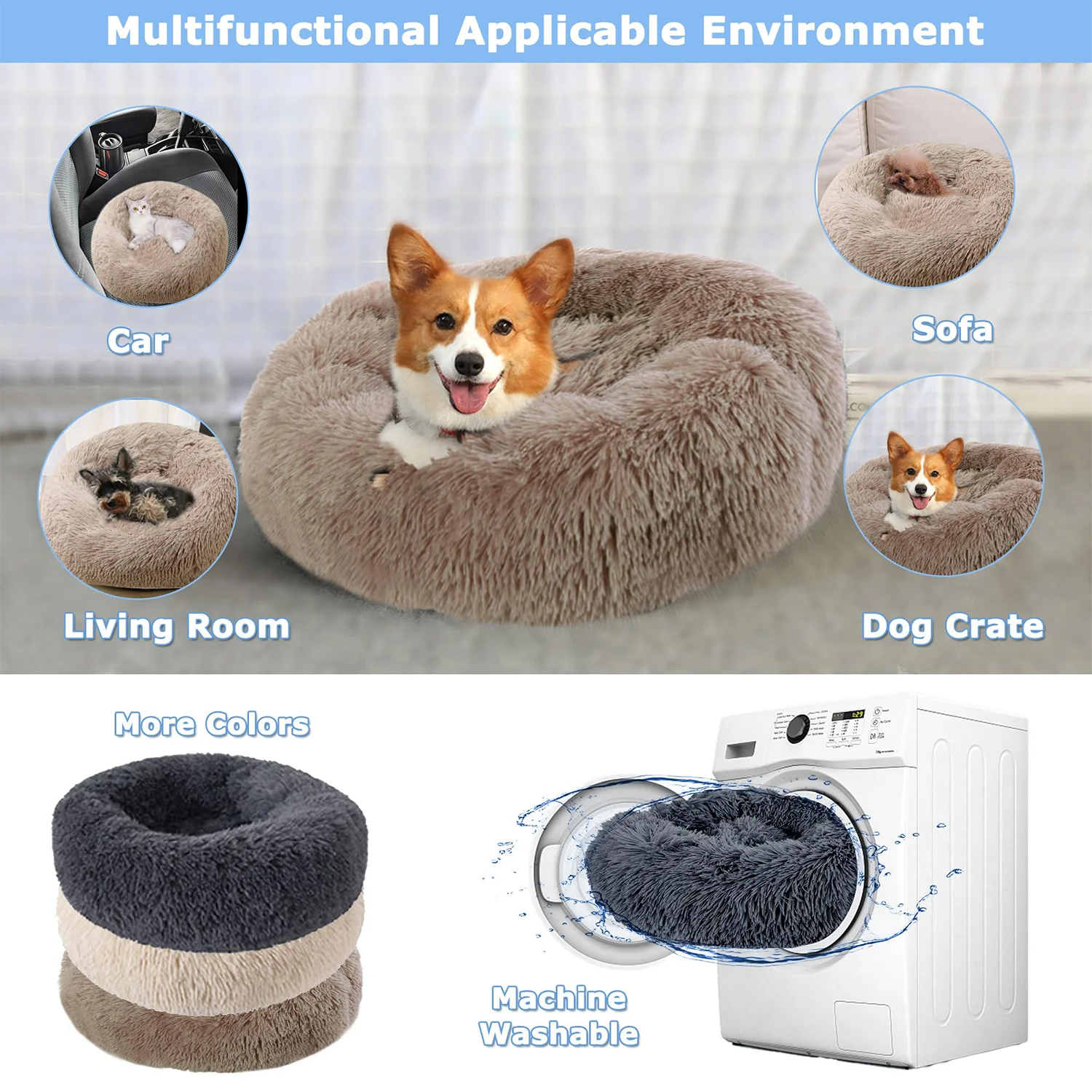 Soft plush round pet bed for cats and dogs – warm and comfortable sleeping bed in multiple sizes.