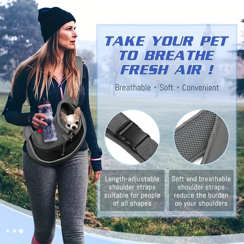 Breathable mesh dog sling carrier for small dogs and cats – lightweight crossbody travel bag for hiking and camping.