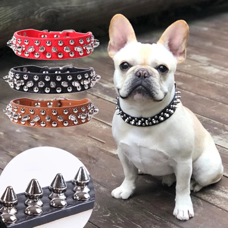 Adjustable PU leather dog collar with spikes and rivets – punk-style collar for small dogs and cats.