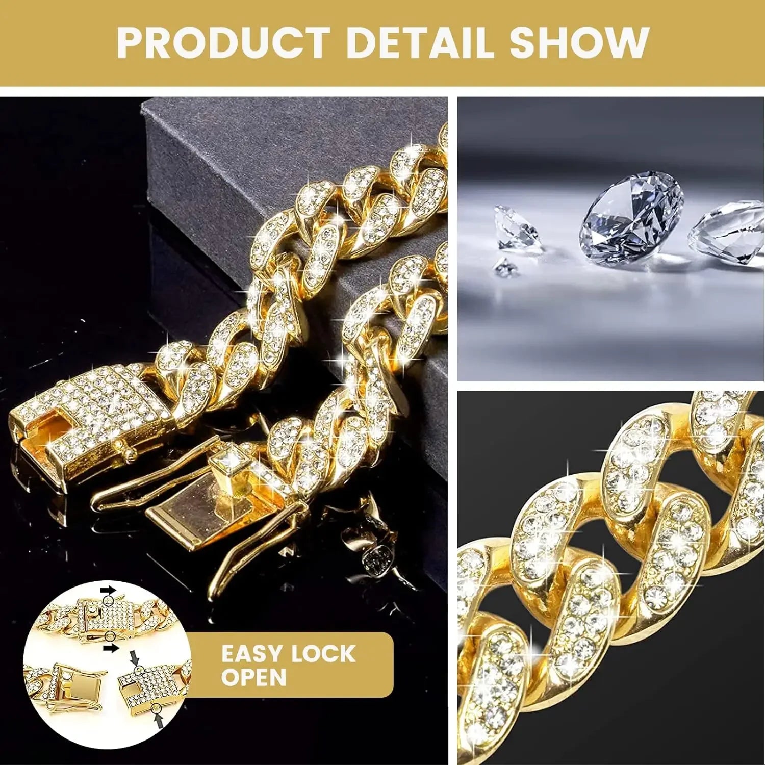 Diamond Cuban metal chain dog collar – stylish jewelry collar with secure buckle for dogs and cats.