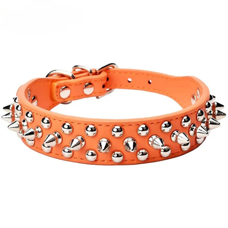 Adjustable PU leather dog collar with spikes and rivets – punk-style collar for small dogs and cats.