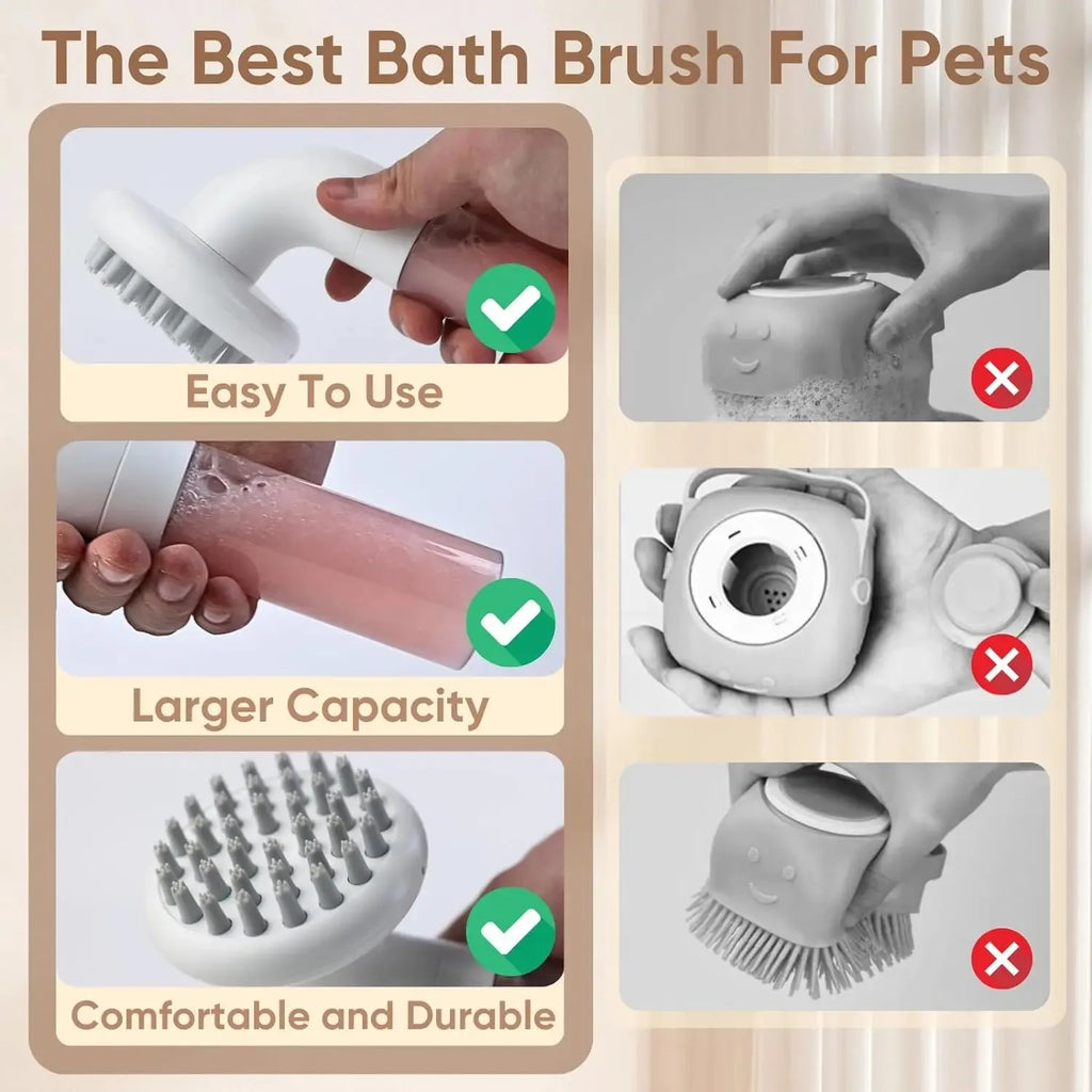 3-in-1 dog bath brush with soft silicone bristles – shampoo, wash, and massage tool for pet grooming.