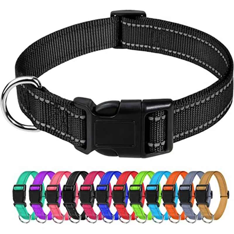 Adjustable reflective nylon pet collar for dogs and cats – anti-slip, anti-choke, durable walking collar.