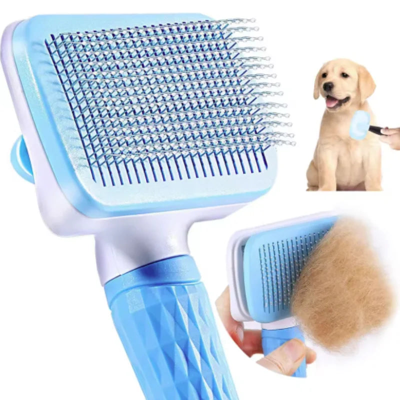 Self-cleaning pet grooming brush for dogs and cats