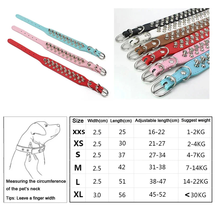 Adjustable PU leather dog collar with spikes and rivets – punk-style collar for small dogs and cats.
