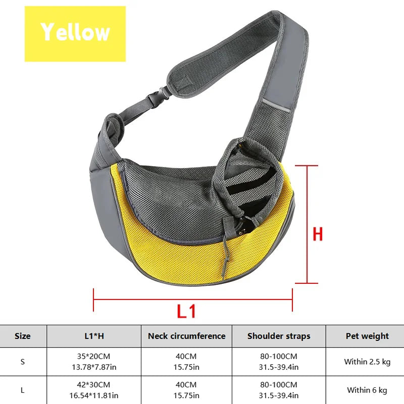 Breathable mesh dog sling carrier for small dogs and cats – lightweight crossbody travel bag for hiking and camping.