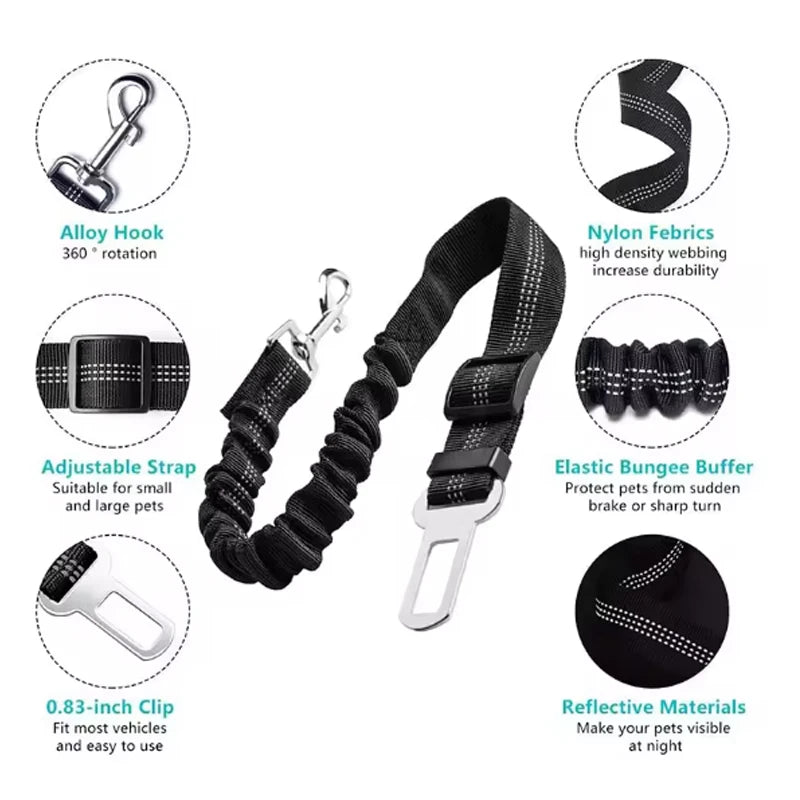 Adjustable reflective dog car safety belt with shock-absorbing strap.
