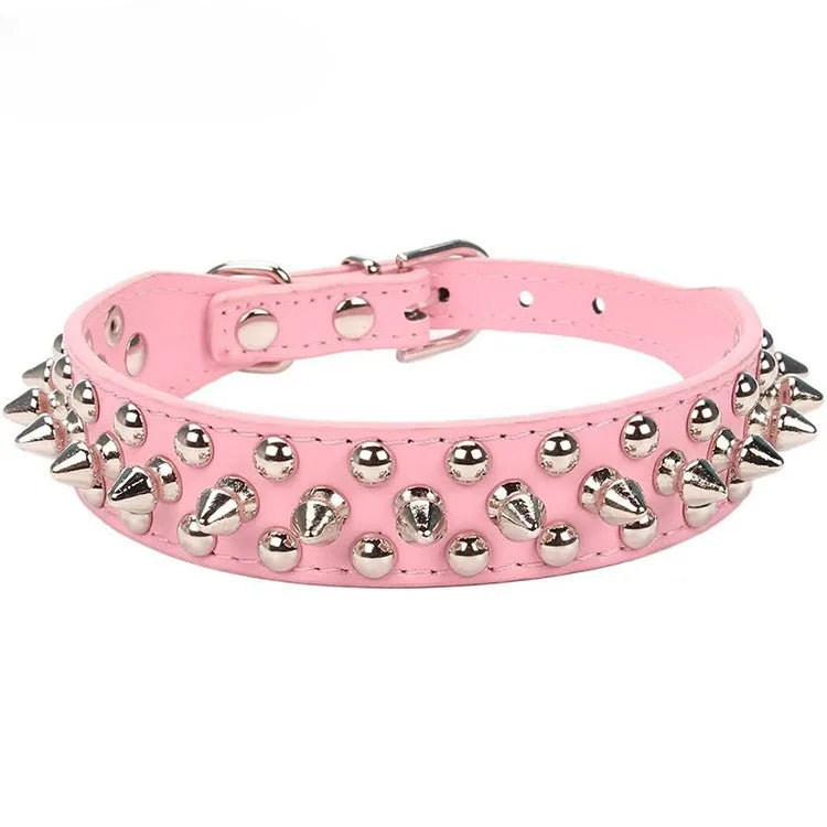 Adjustable PU leather dog collar with spikes and rivets – punk-style collar for small dogs and cats.