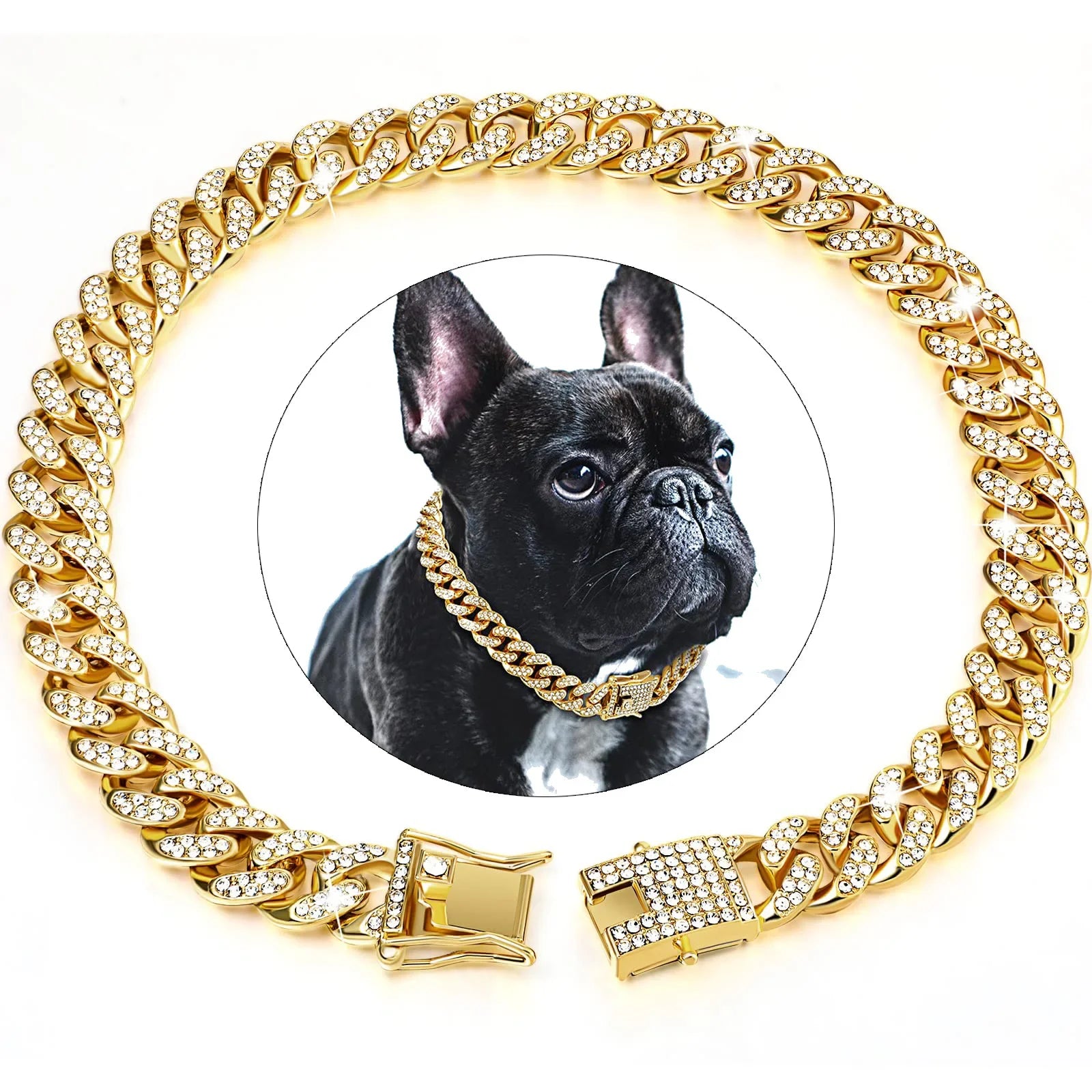 Diamond Cuban metal chain dog collar – stylish jewelry collar with secure buckle for dogs and cats.